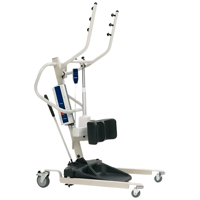 Mobiler Patientenlifter mit Rollen, Hebearmen und gepolsterten Knien.